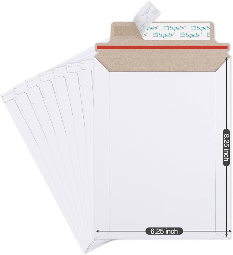 Eupako 6x8" 25 Pack Photo Document Mailer White Stay Flat Self-Seal Cardboard by Eupako