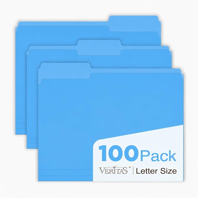 Blue File Folders 100 Pack, Letter Size 8.5 x 11, 1/3-Cut Tab Colored File by WritePads