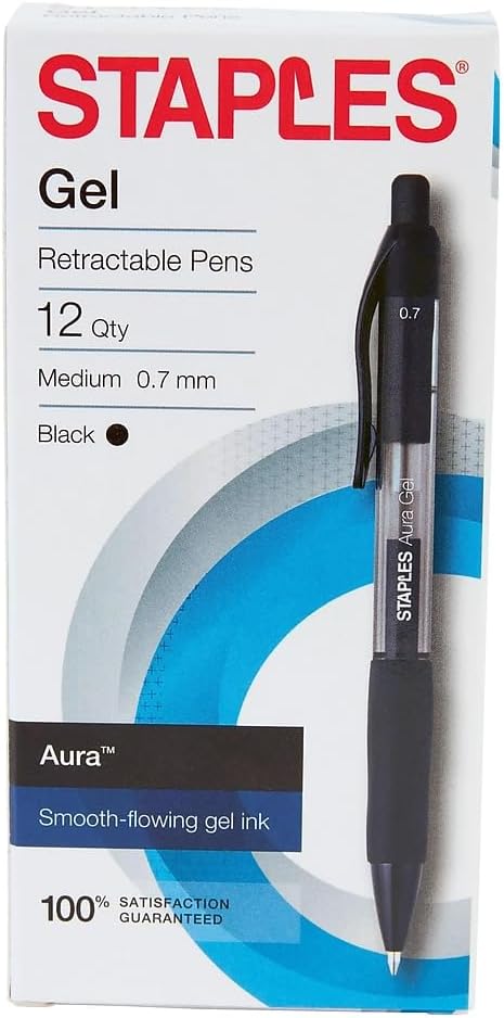 STAPLES Retractable Gel Pens, Medium Point 0.7mm, 36 Pack – Aura Smooth‑Writing by Staples