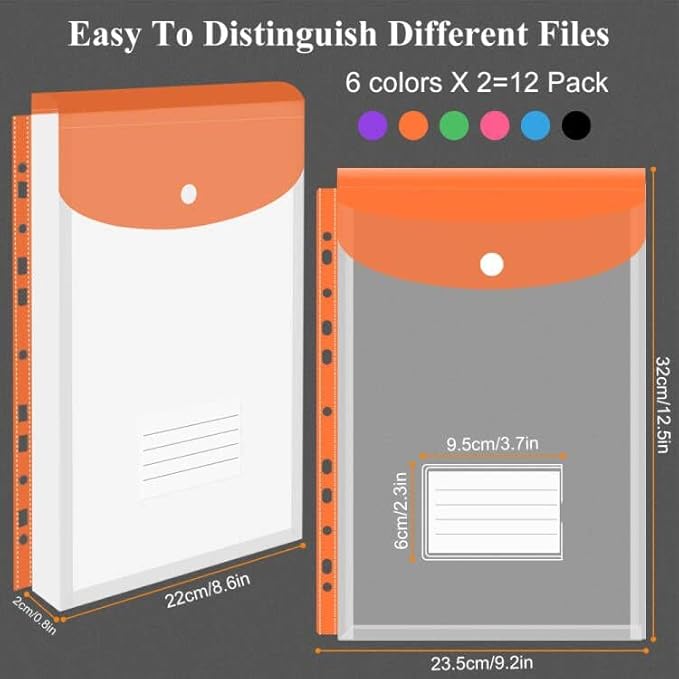 12 Pack Plastic Envelopes Binder Pocket 11 Holes Expandable Binder Folders - Image 2
