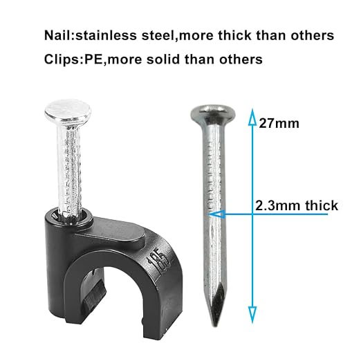 HS Cable Clips 10mm with Steel Nail 200 Pieces Black, Ethernet Management U - Image 2