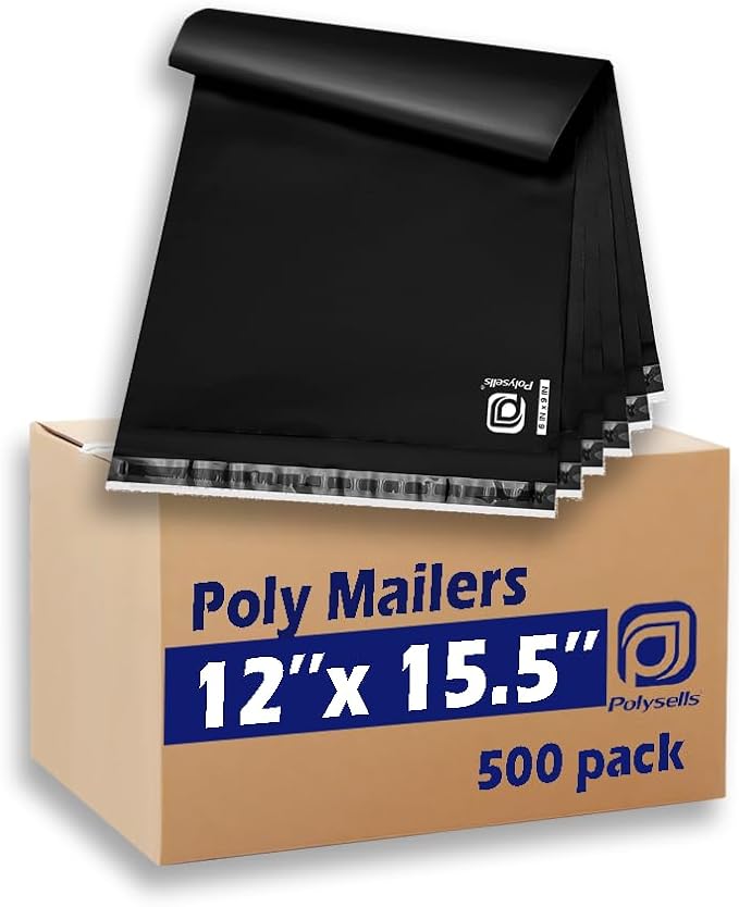 POLYSELLS 500 pcs 12x15.5 Inches Black Poly Mailers Shipping Envelopes by POLYSELLS