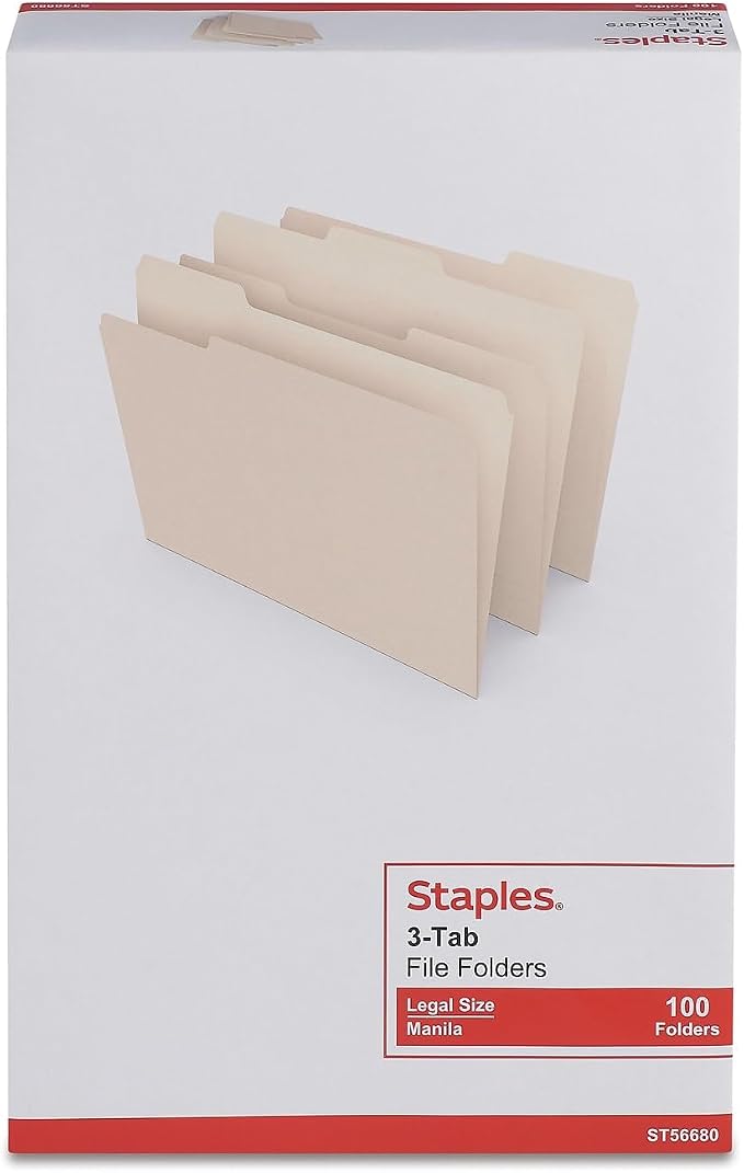 Staples File Folders, Legal Size, 1/3‑Cut Tabs, Durable Paper Stock, 200/Carton - Image 3