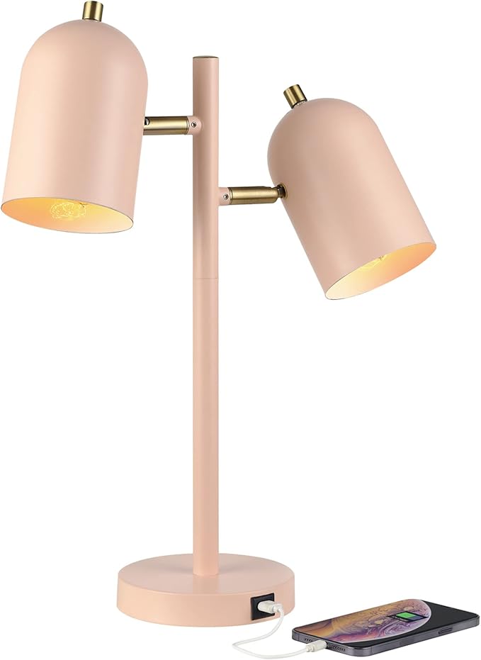 Globe Electric 30290 19" 2-Light Desk Lamp, Matte Pink, Brass Accents, 2.1A USB by GlobeElectric