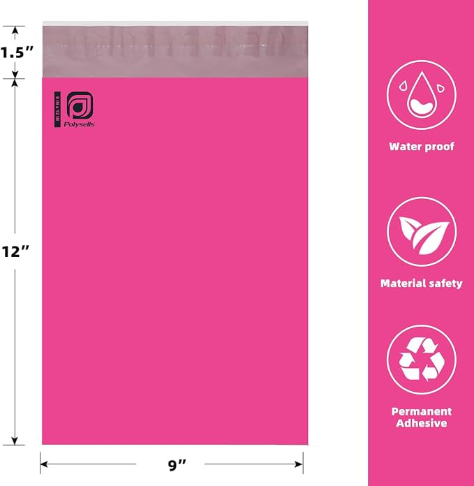 POLYSELLS 100 pcs 9x12 Inches Pink Poly Mailers Shipping Envelopes, Strong - Image 2