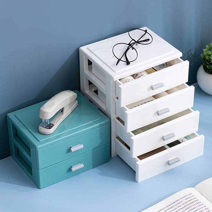 Desk Organizer with 2 Drawers, Solid Color Plastic Desk Storage Box, Desktop - Image 4