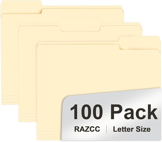 File Folder, RAZCC 100 Pack 1/3 Cut Tab File Folders Letter Size, Manila Folders by RAZCC