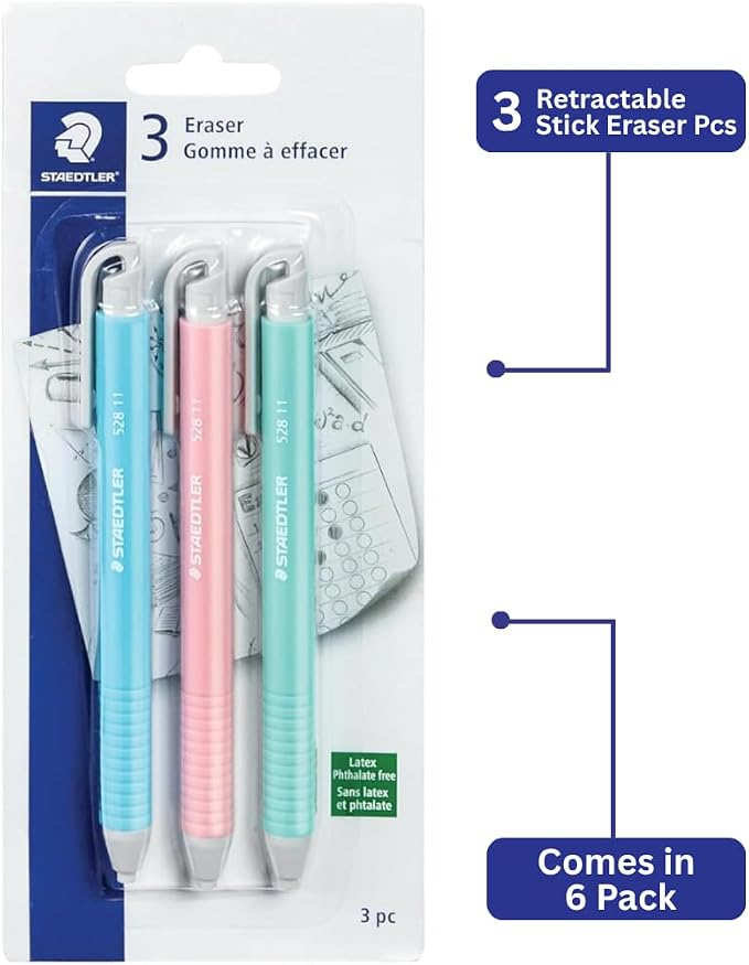 STAEDTLER Vinyl Eraser Holder 6-Pack: 3 Units Retractable Erasers - Image 3
