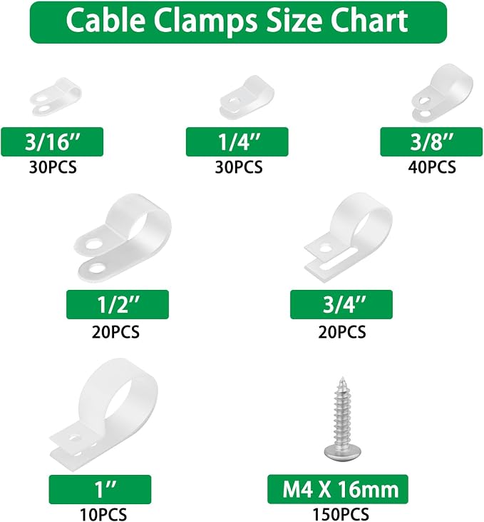 300PCS White Cable Clamps Assortment Kit, Nylon Plastic R-Type 6 Sizes 3/16'' - Image 5