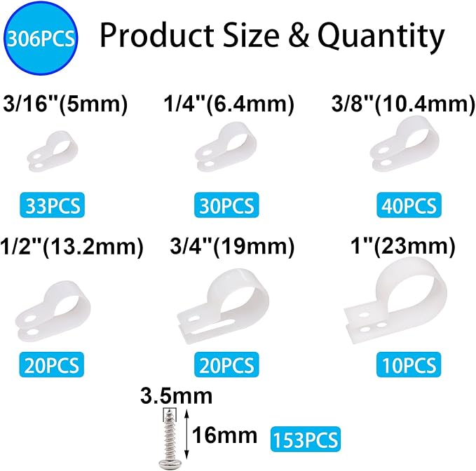 TWTADE 306PCS White Cable Clamps Assortment Kit, Nylon Plastic R-Type 6 Sizes - Image 2