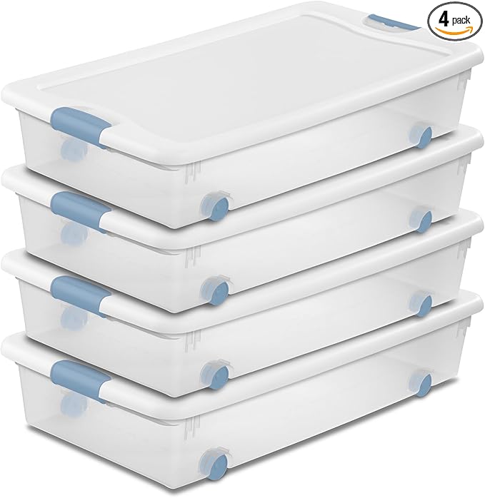 Sterilite 4-Pack 56 Quart Wheeled Latching Box, Underbed Clear Plastic Storage by Sterilite