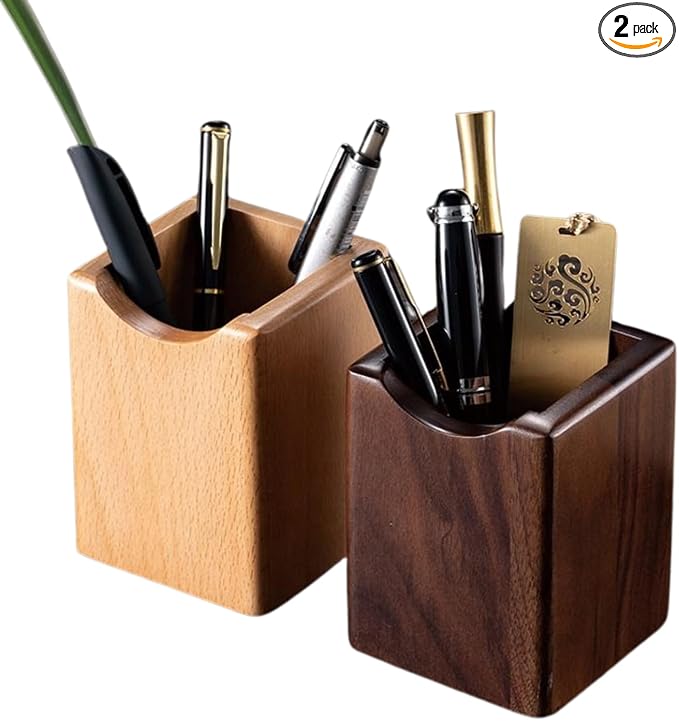 Wooden Pen Holder for Desk, 2 Pack Natural Wood Pencil Cup Holder – Office Desk by UKASALTD