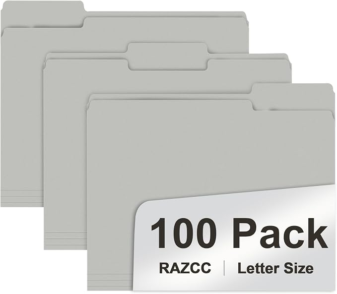 File Folder, RAZCC 100 Pack 1/3 Cut Tab File Folders Letter Size, Folders by RAZCC