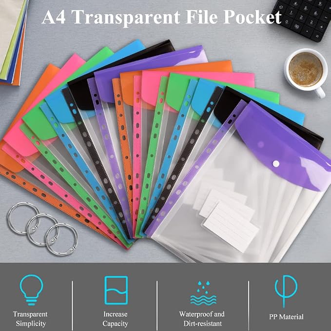 12 Pack Plastic Envelopes Binder Pocket 11 Holes Expandable Binder Folders - Image 7