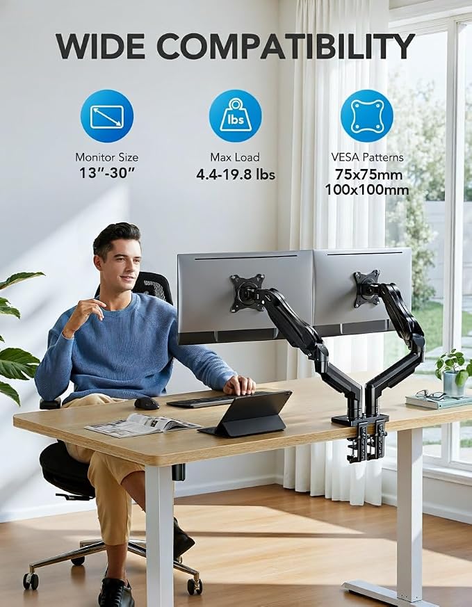 HUANUO FlowLift™ Dual Monitor Stand, Fully Adjustable Gaming Monitor Desk Mount - Image 2