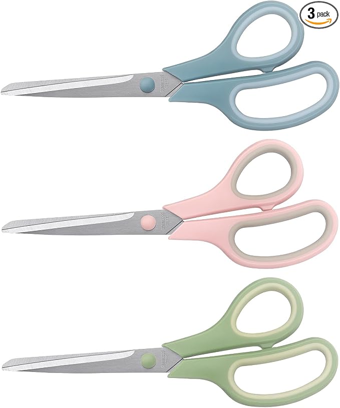 LONGKEY 8.5" Pastel Scissors 3-Pack, Ultra Sharp Stainless Steel, Soft Grip by LONGKEY