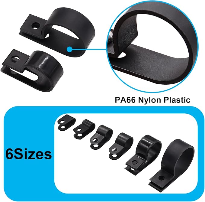 TWTADE 222PCS Black Cable Clamps Assortment Kit, Nylon Plastic R-Type 6 Sizes - Image 3