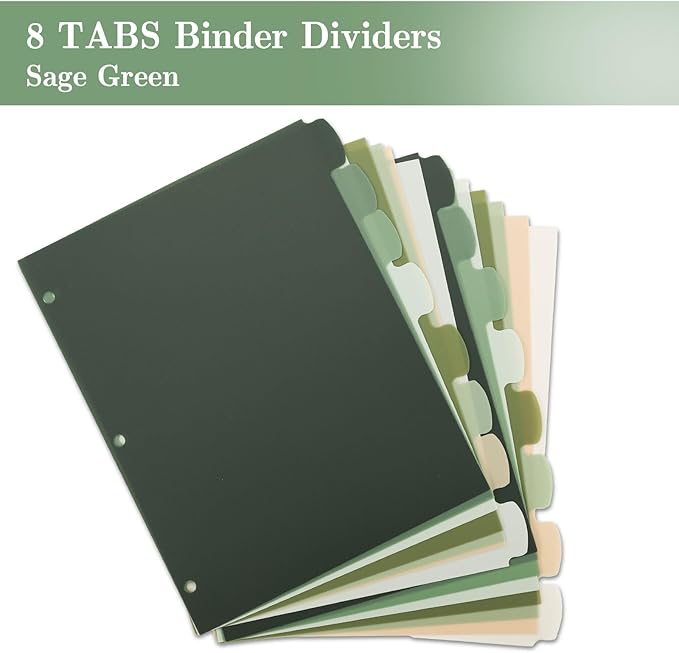 Whaline 64 Pcs/ 8 Set Sage Green 3 Ring Binder Dividers Colorful Index Dividers - Image 3