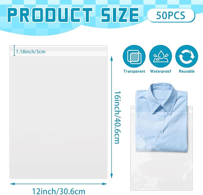 VOKOY 50 Pack 12 x 16 Inch Crystal Clear Sleeves Storage Bags, Self Sealing - Image 2