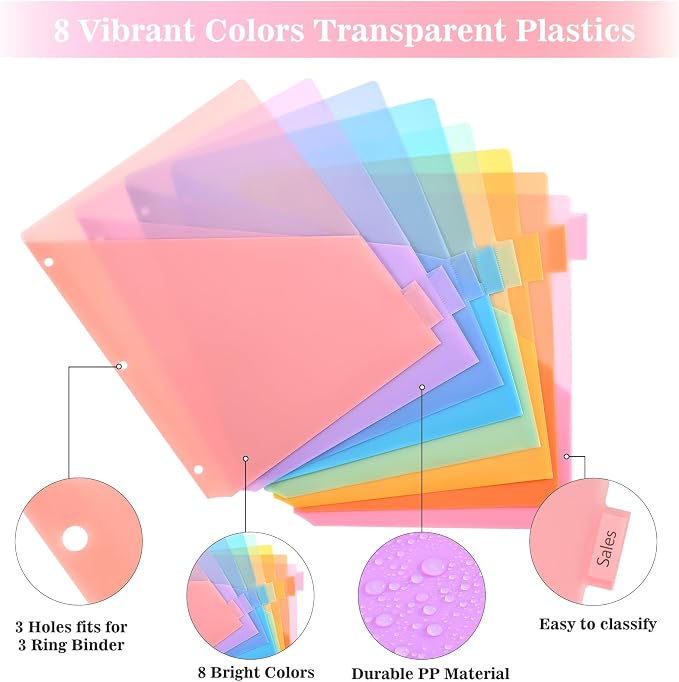 8-Tab Dividers for 3 Ring Binder, Subject Dividers, 3-Hole Plastics Sheets - Image 2