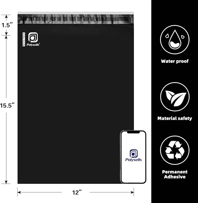 POLYSELLS 200 pcs 12x15.5 Inches Black Poly Mailers Shipping Envelopes - Image 2