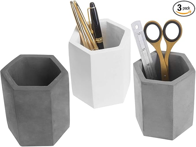 MyGift Set of 3 Cement Decorative Hexagon Multi-Colored Desktop Pen Holder and by MyGiftHome