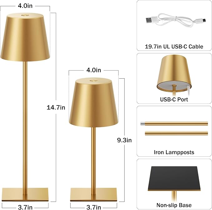 Gold Cordless Rechargeable Table Lamp, 2 Pack Portable Desk Lamp - Image 3