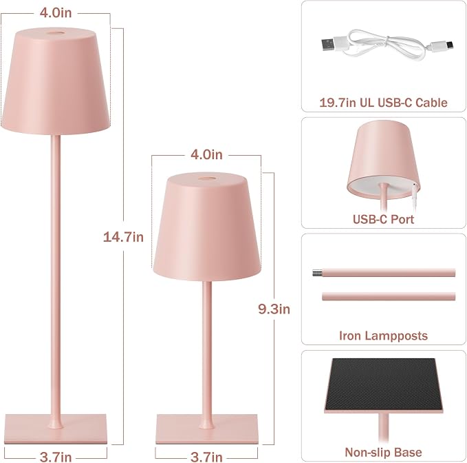 Kakanuo Pink Cordless Rechargeable Table Lamp, 2 Pack Portable Desk Lamp - Image 5