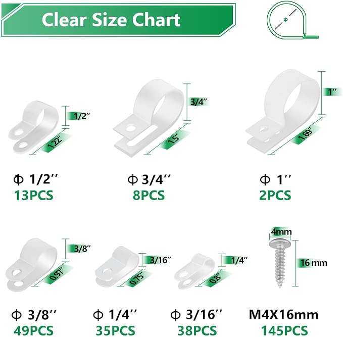 Cable Clips for Cable Management Cord Organizer, 6 Sizes 290 PCS Nylon R-Type - Image 4