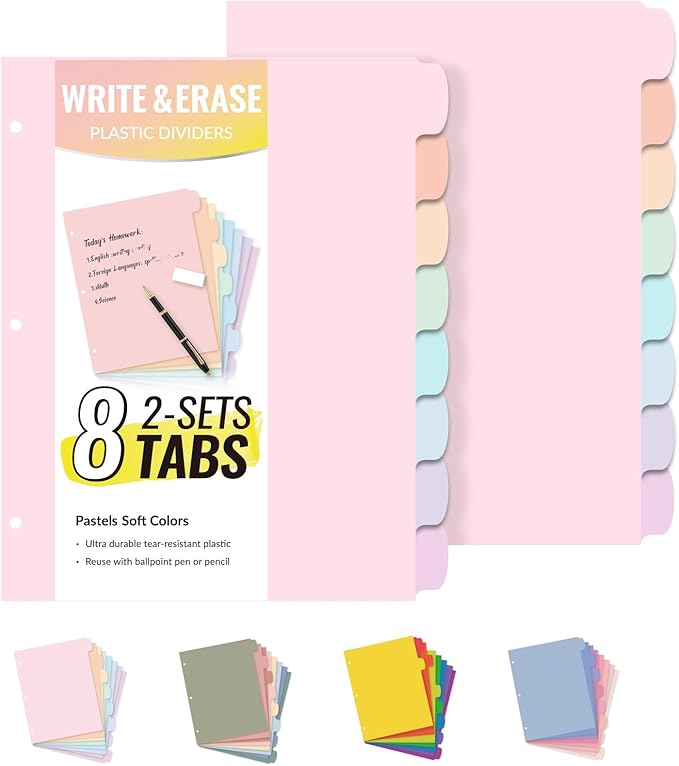 Sooez 8 Tabs Long-Lasting Plastic Write & Erase Large Tabs Dividers by Sooez