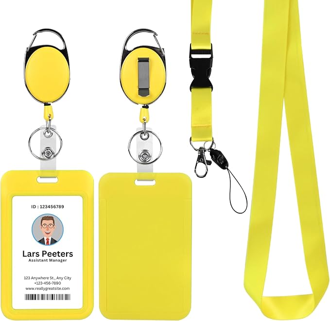 Yellow Lanyard with Vertical Id Holder, Retractable Heavy Duty Oval Carabiner by happyhbt