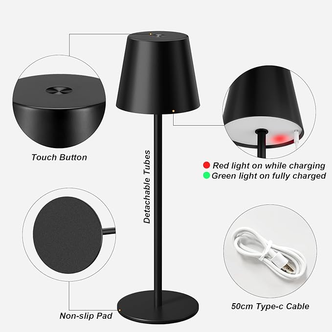 Kakanuo 20" Black Cordless Table Lamp Rechargeable - Image 6