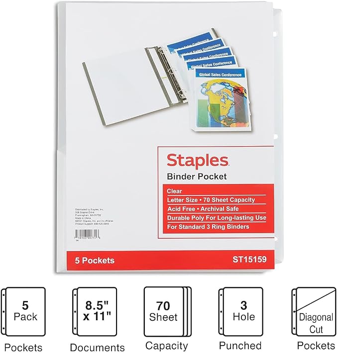 Staples Binder Pockets, 3‑Hole Punched, Secure Storage - Image 2