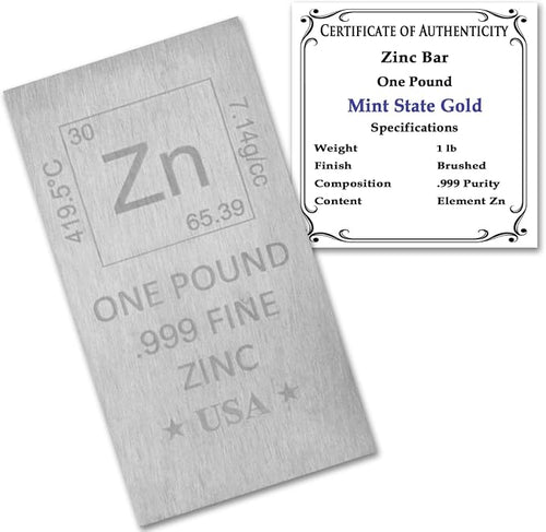1 lb Pound Zinc Bar .999 Pure Paperweight | Element Design by MintStateGold