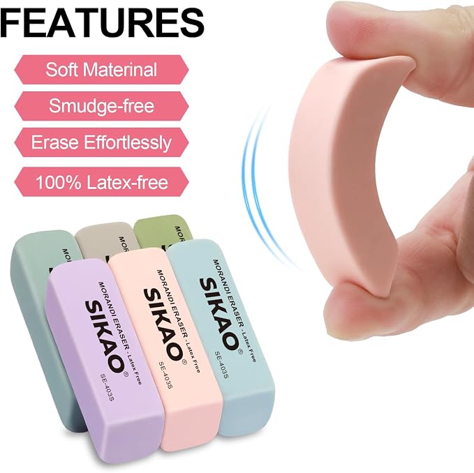 Morandi Erasers, 6 Pack Pencil Erasers | Aesthetic Pastel Beveled Rubber Erasers - Image 3