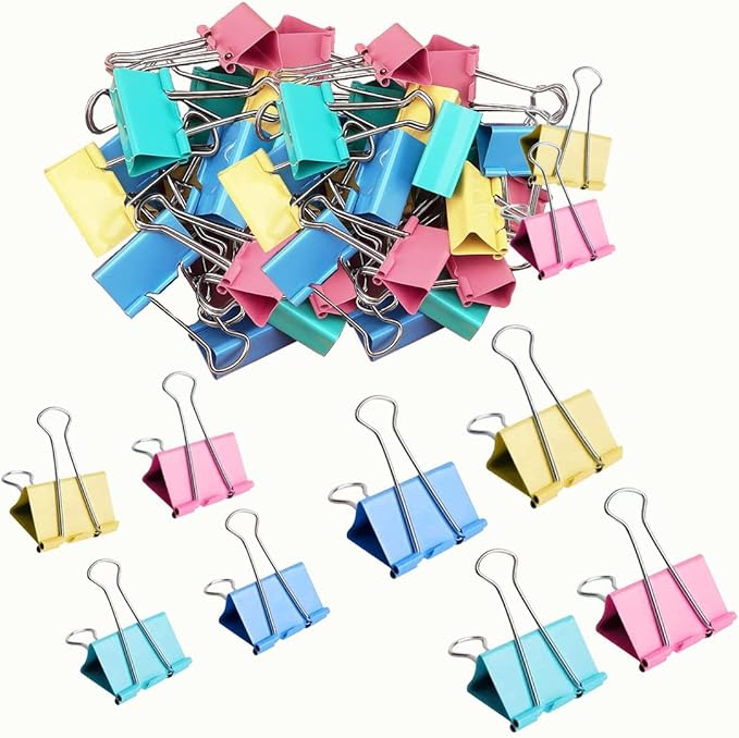 60pcs Colored Binder Clips Paper Clamps Assorted Size Small, Large Binder Paper by Aksiko