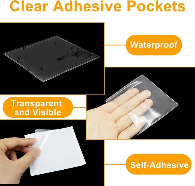 100 PCS Clear Adhesive Pockets, 3.5" x 3.5" Plastic Index Card Holder Square - Image 4