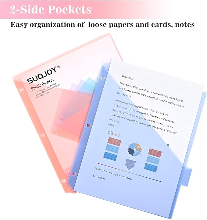 SUQJOY Binder Dividers with Pockets, Durable Plastic Subject Dividers with - Image 4