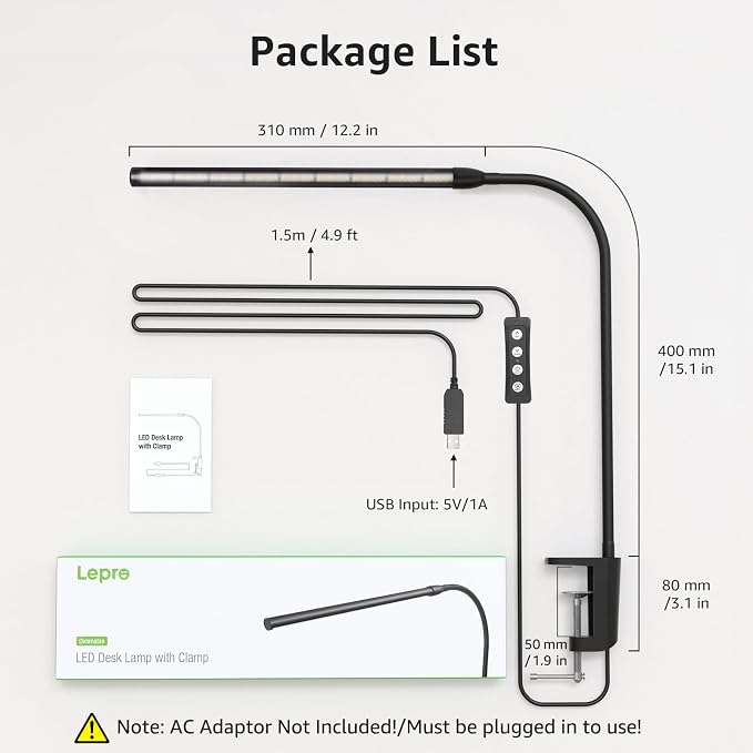 Lepro Clip on Desk Lamp LED Reading light Dimmable USB Small Clamp Lamp - Image 6