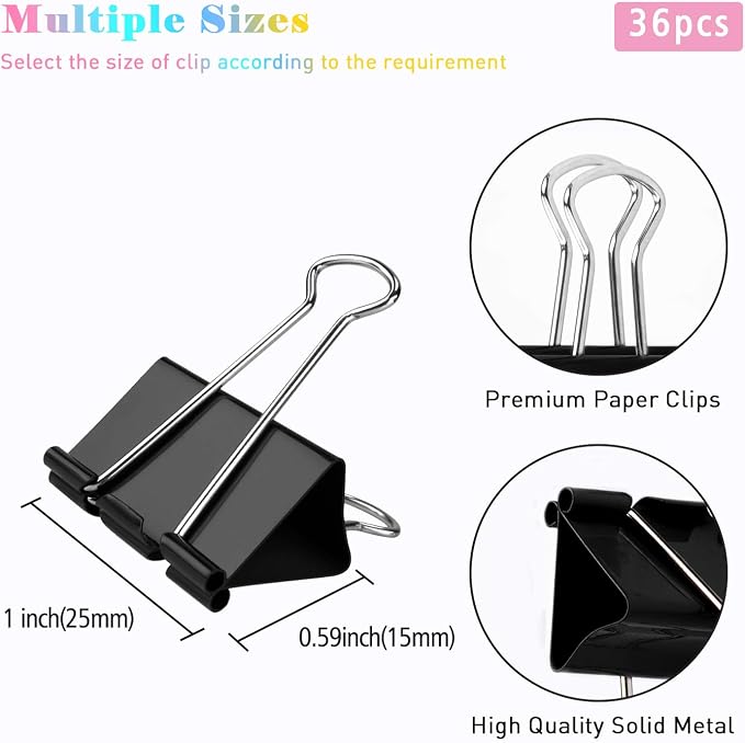 Binder Clips, 36 Pack, 1 Inch 25mm Black Metal Fold Clamps, Capacity 0.47 Inch - Image 2