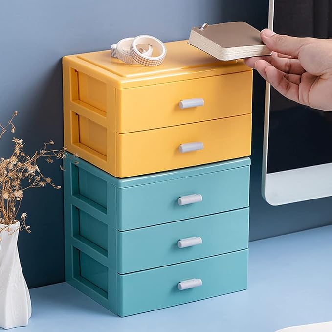Desk Organizer with 2 Drawers, Solid Color Plastic Desk Storage Box, Desktop - Image 5