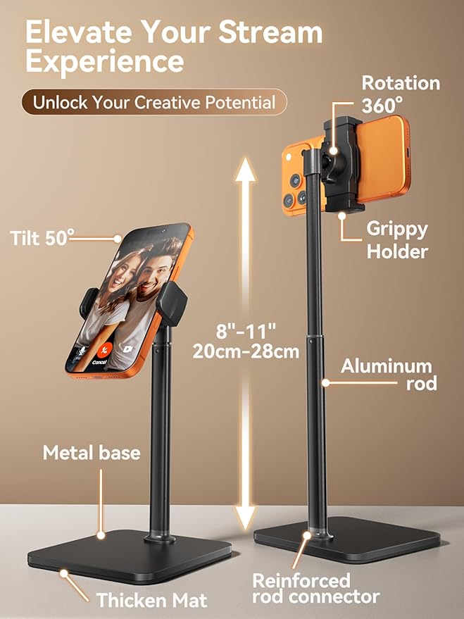 tounee Phone Stand for Desk, 8-11" Height Adjustable Cell Phone Holder for Live - Image 3