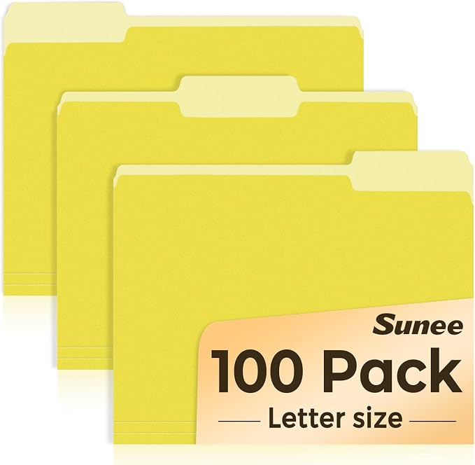 SUNEE File Folders Letter Size Yellow, 100 Pack Manilla Folders 8.5 x 11 by SUNEE