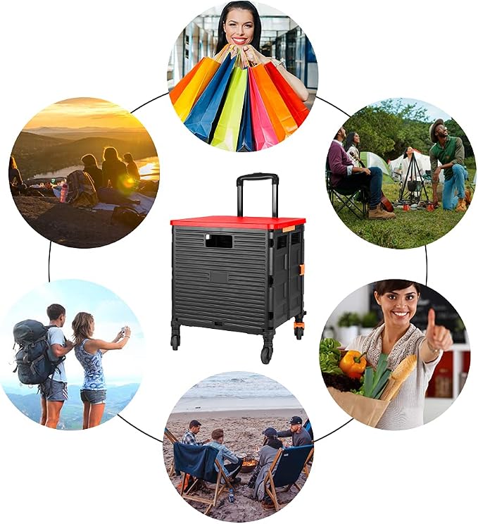 FELICON SELORSS Foldable Utility Cart Folding Portable Rolling Crate-Red | - Image 6