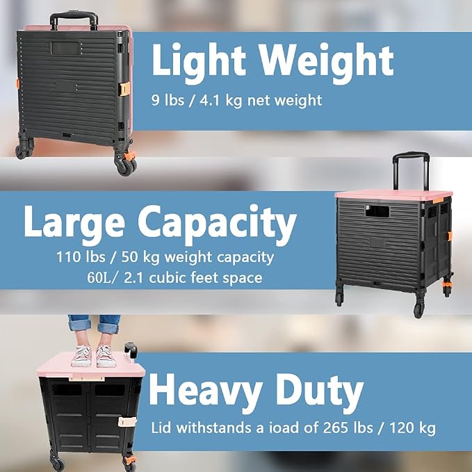 FELICON SELORSS Foldable Utility Cart Folding Portable Rolling Crate-Pink | - Image 3