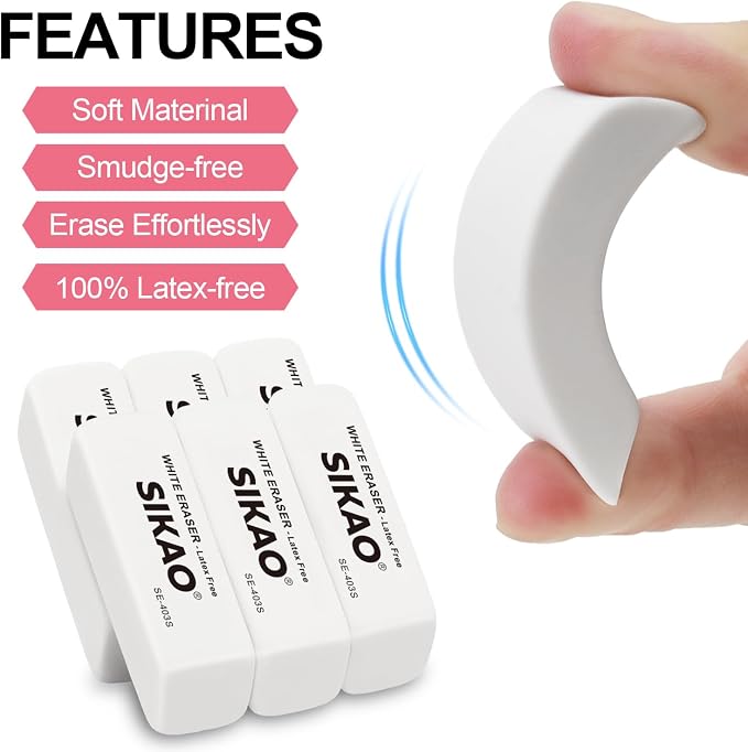White Erasers, 12 Pack Pencil Erasers | Latex-Free & Smudge-Free Beveled Rubber - Image 3