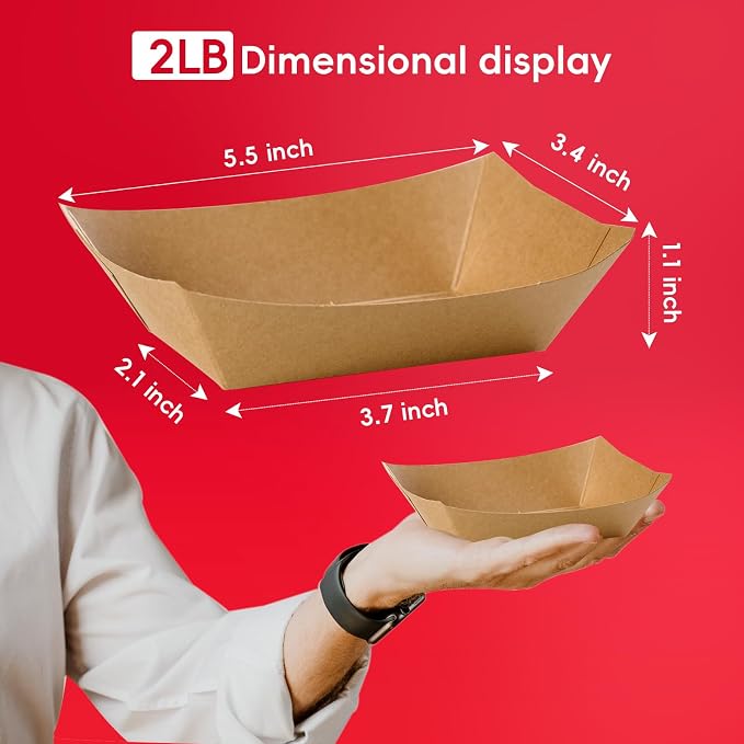 JOLLY CHEF 2lb Paper Food Trays, 100 Pack Disposable Paper Boat, Serving Boats - Image 2