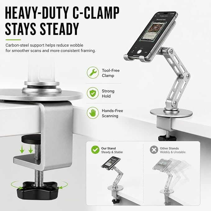 HUASAI Carbon Steel TCG Card Scanner Stand, Heavy-Duty C-Clamp Phone Holder - Image 3