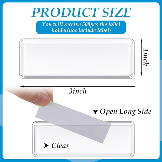 Meanplan 500 Pcs Label Holder Self Adhesive Clear Pocket 3x1 Inch Plastic Shelf - Image 2