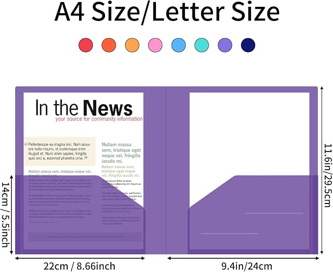 EOOUT Clear Folders with 2 Pockets, Letter Size, A4 Size, 8 Assorted Colors - Image 3